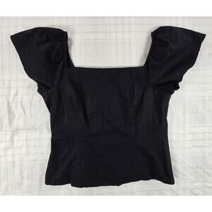 Gianni Bini Flutter Sleeve Corset Top Linen Blend Smocked Back Coquette Black 12